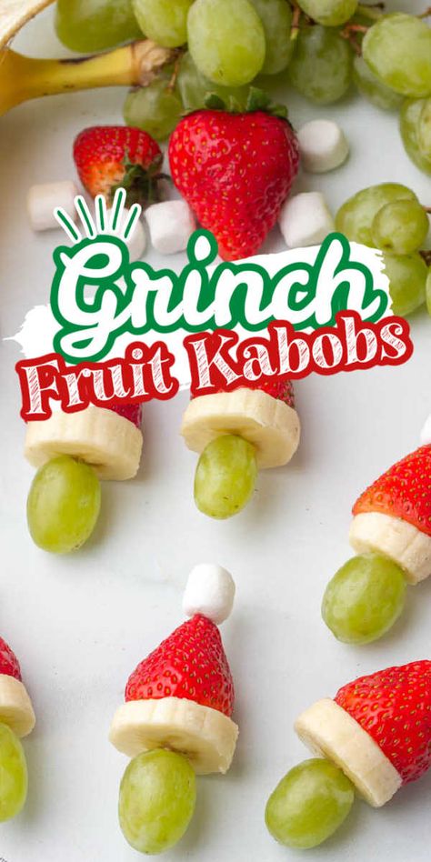 Grinch Fruit, Grinch Fruit Kabobs, Grinch Kabobs, Fruit Kabobs Kids, Fruit Kabob, Christmas Party Snacks, Fruit Ideas, Fruit Appetizers, Easy Snacks For Kids