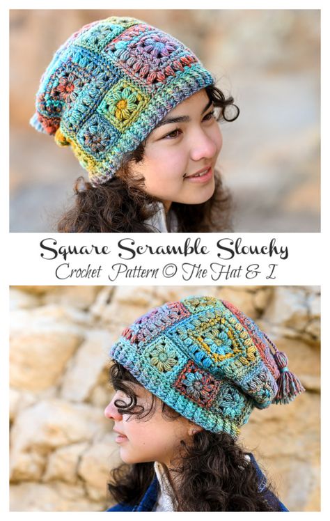 Square Scramble Slouchy Crochet Pattern Slouch Crochet Beanie, Granny Square Slouchy Hat Free Crochet, Granny Square Beanie Free Pattern, Slouchy Beanie Crochet, Slouchy Crochet Hat Pattern Free, Womens Crochet Hats Free Pattern, Granny Square Crochet Hat, Granny Square Hat Pattern Free, Granny Square Beanie