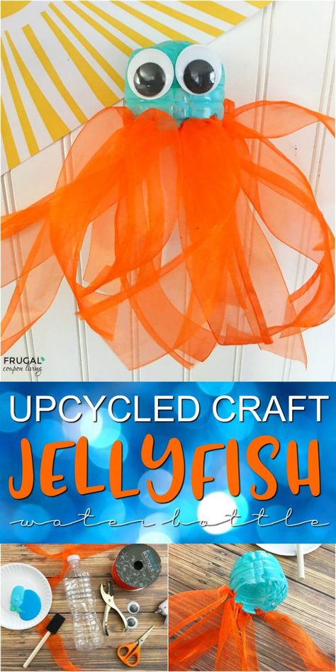 Upcycled Craft | Jellyfish Water Bottle on Frugal Coupon Living. A Fun way to reuse a plastic water bottle and have fun creating a new use with the kids! #frugalcouponliving #octopus #jellyfish #giantsquid #jellyfishcraft #octopuscraft #squidcraft #underthesea #beachparty #upcycle #upcyclecraft #waterbottle #earthday #earthdaycraft #craftsforkids #beachpartycrafts #beachpartydecor Craft Summer, Water Bottle Crafts, Beach Craft, Jellyfish Craft, Arts And Crafts For Adults, Arts And Crafts For Teens, Craft Craft, Sand Crafts, Sea Crafts