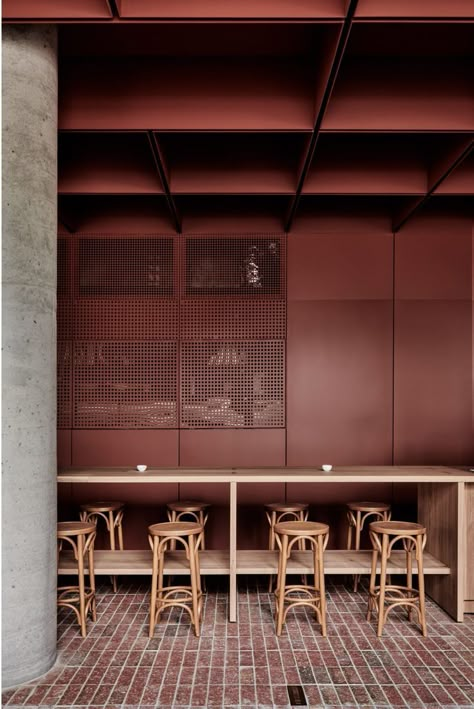 Bentwood Cafe by Ritz & Ghougassian, burgundy walls, apple red, brown red, dark red, pantone spiced apple, russet red, reddish brown Cafe Melbourne, Melbourne Cafe, Lake House Interior, Design Café, Interior Design Awards, Commercial Interior Design, Hospitality Design, Wall Cladding, Brickwork