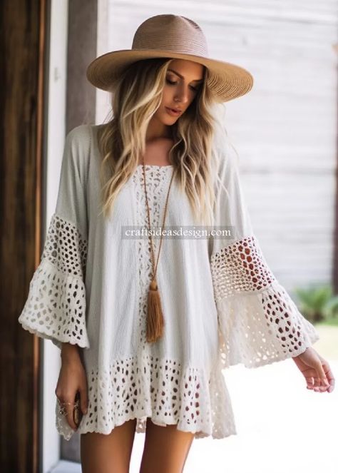 10 Crochet tunic dress with bell sleeves Ideas  - Crafts Ideas Crochet Tunic Dress, Fancy Crochet, Crochet Dress Boho, Crochet Bell, Crochet Bell Sleeve, 2024 Dresses, Boho Chic Design, Dress With Bell Sleeves, Sleeves Ideas