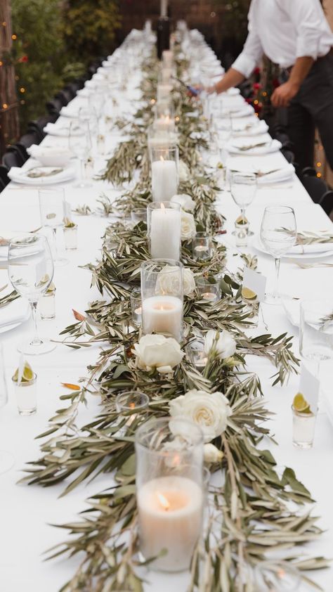 Tablescaping for wedding or engagement party Branches Wedding Decor, Olive Decor, Branch Centerpieces Wedding, Olive Branch Wedding, Sicily Wedding, Olive Wedding, Wedding Tableware, Candle Wedding Decor, Olive Branches