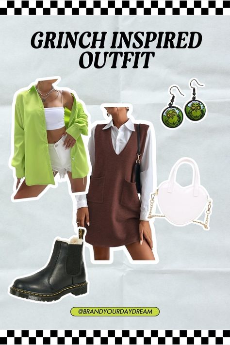 Grinch Inspired Outfit | Christmas Outfits Aesthetic | Grinch Fashion | Christmas Party Outfit Ideas Grinch Themed Outfits, The Grinch Outfit, Grinch Dress To Impress Outfit, Grinch Inspired Outfit Women, Grinch Dress Womens Plus, Christmas Outfit Aesthetic, Purse Outfit, Doc Martens Outfit, Grinch Christmas Party