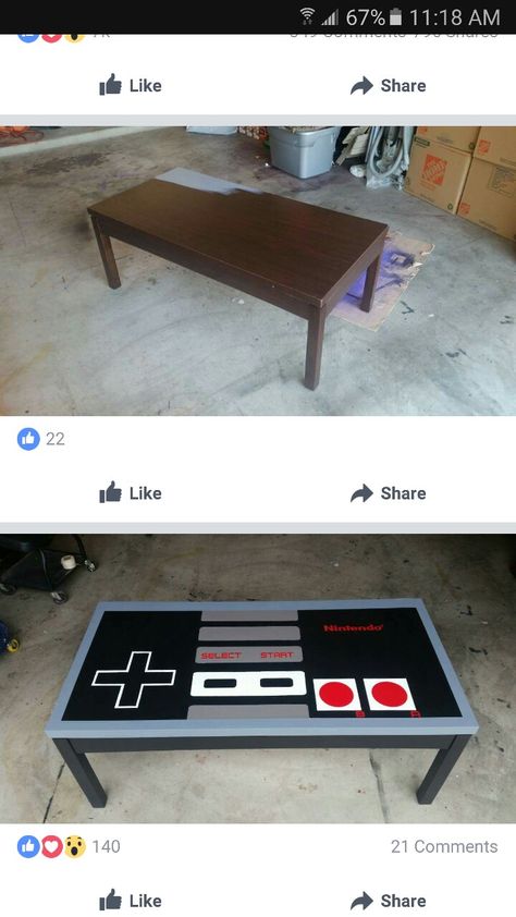 Nintendo Coffee Table, Diy Gaming Decor Ideas, Gamer Coffee Table, Nintendo Dresser Diy, Video Game Room Decor Diy, Video Game Coffee Table, Nerd Game Room, Disney Themed Furniture, Nintendo Game Room Ideas