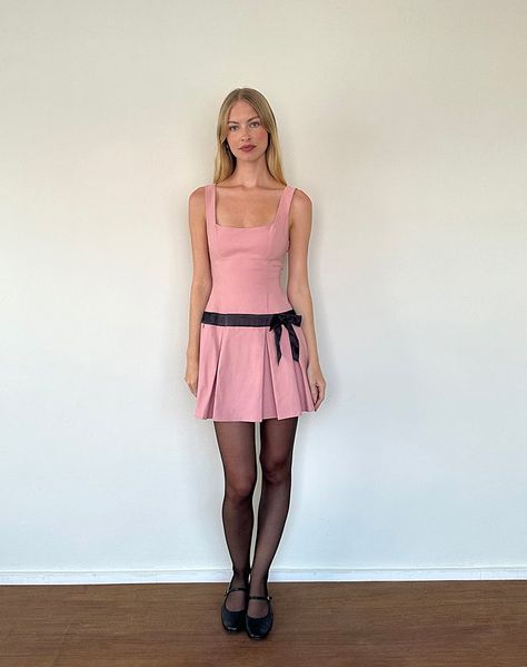 Dresses With Black Tights, Pink Dress Short, Lace Tights, Dreamy Dress, Pink Mini Dresses, Black Tights, Black Bow, Pink Fabric, Waist Band