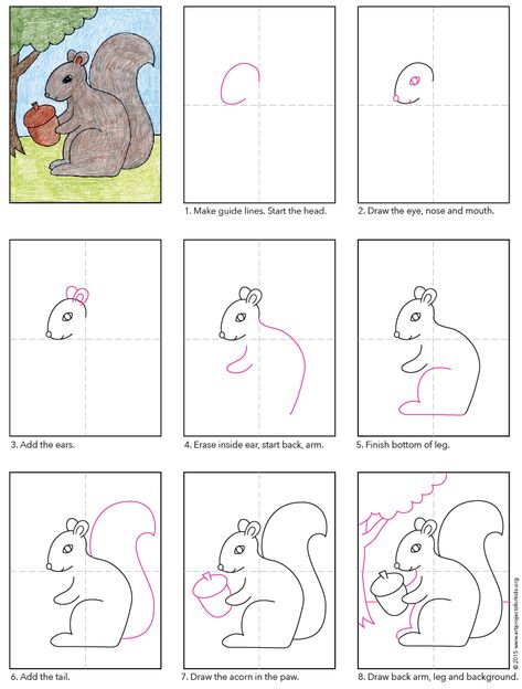 How to draw a Squirrel. PDF tutorial available. #squirrel #howtodraw #artprojectsforkids How To Paint A Squirrel Step By Step, Draw Squirrel Easy, Squirrel Art Project, How To Draw Squirrels, How To Draw A Squirrel, How To Draw Fall Things, Ecosystem Drawing, Draw A Squirrel, Påskeaktiviteter For Barn