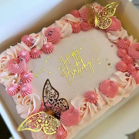 Cake Designs Birthday Rectangle, Rectangle Butterfly Cake, Pink Birthday Sheet Cake For Women, Butterfly Cake Square, Rectangle Cake Design Birthday, Rectangular Cake Designs Birthday, Glam Sheet Cake, Cake Designs Birthday Square, Simple Cake Designs Square