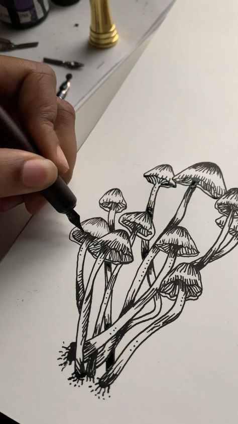 Places To Get Tattoos, Whimsical Tattoos, Mystical Tattoos, Bright Tattoos, Fineliner Art, Mushroom Tattoos, Stylish Tattoo, Mushroom Drawing, Delicate Tattoo