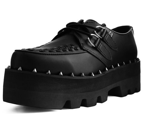 PRICES MAY VARY. Amp up your shoe game with these creeper shoes featuring a cool, dino lug platform sole These bad boys’ all-black vegan friendly faux leather upper is lined with small silver spike studs for an extra finishing touch Sole height that is approximately 2 ¼” at the heel and 1 7/8” in the front Removable memory foam padding for added comfort Original T.U.K. Shoes T.U.K. limited edition web exclusive! - not available in stores Talk about such great heights. Amp up your shoe game with Tuk Shoes, Creeper Boots, Platform Creepers, Creepers Shoes, Gothic Shoes, Lug Sole, Creepers, Black Rubber, Shoe Game