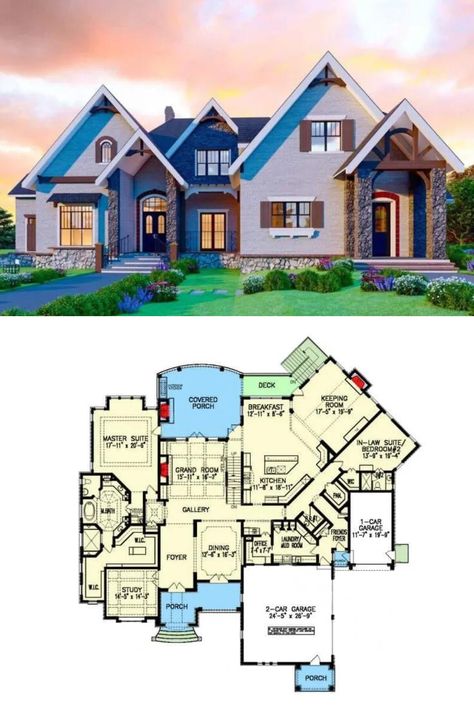 6,000 Sq Ft 6-Bedroom Rustic Two-Story Mountain Home House Plan with Balcony and In-Law Suite House Plan With Balcony, Rustic Mountain House Plans, Smart House Plans, Story Mountain, Rustic Mountain Homes, Southern Traditional, Rustic House Plans, Country Craftsman, Mountain House Plans