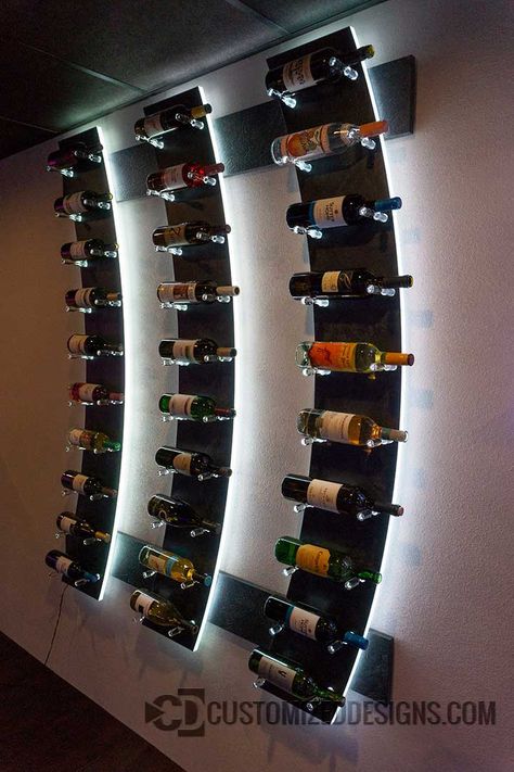 Modern Lighted Wine Bottle Rack - Bar Displays - Products & Ideas Whisky Regal, Wine Shop Interior, Wine Storage Wall, Wine Bottle Shelf, Bar Room Decor, Bar Nook, Cart Bar, Bar Basement Ideas, Basement Ideas Bar