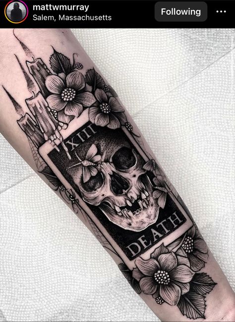 Tarot Card Arm Tattoo, Tattoo On Black Women, Tattoos 2023, Feminine Skull Tattoos, Backpiece Tattoo, Bookish Tattoos, Tarot Tattoo, Skull Sleeve Tattoos, Wicked Tattoos