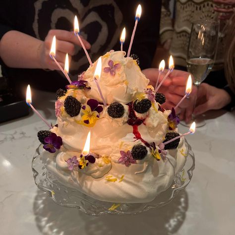 Pavlova Layer Cake, Pavlova Tower, Pavlova Birthday Cake, Layered Pavlova, Blackberry Puree, Pavlova Cake, Small Birthday Cakes, Lilac Blossom, Birthday Inspo