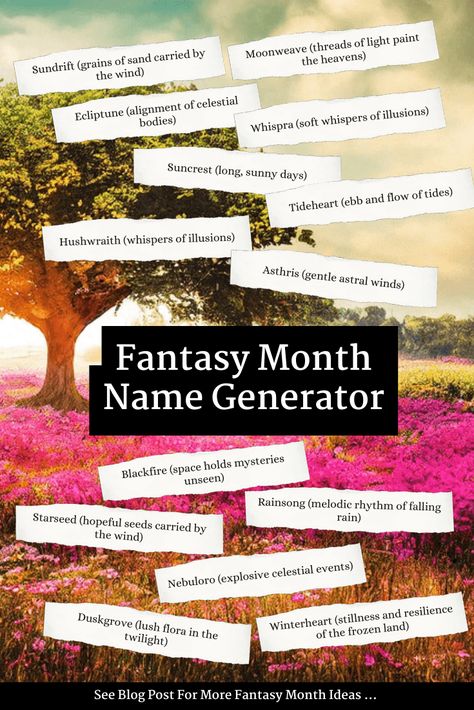 Use this fantasy month name generator to get unique month name ideas for your world-building. See the full list of Fantasy month ideas. Fantasy Places Names Ideas, Full Name Ideas, World Names Ideas, Fantasy World Names Ideas, Fantasy World Names, Fantasy Jobs, Fantasy Town Names, Fantasy Alphabet, Fantasy Name Generator