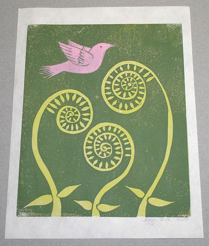 Fiddlehead ferns with bird linocut print by Mary B., via Flickr Bird Linocut, Fiddlehead Fern, Fiddlehead Ferns, Fern Tattoo, Feather Crown, Ink Doodles, Linoleum Print, Lino Art, Hand Carved Stamps