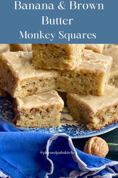 Cozy up your holiday baking with these Banana and Brown Butter Monkey Squares! Imagine a tender banana bread cake, studded with walnuts and topped with a rich brown butter glaze that melts in your mouth. Perfectly sweet and packed with warm, nutty flavor, these squares are an ideal treat for sharing and snacking. Monkey Squares, Walnut Desserts, Brown Butter Glaze, Banana Bread Cake, Brown Butter Frosting, Banana Snacks, Butter Glaze, Blondies Brownies, Single Layer Cakes