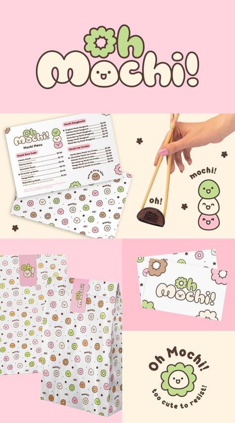 Cute brand identity for a mochi brand, it has kawaii characters and a full hand drawn typography. The logo type has a rice cake mascot incorporated. This shows a brand board with menu design, packaging design, business card and custom logo variations. Kawaii Mochi, Business Branding Inspiration, Japanese Logo, Food Logo Design, Logo And Branding, Online Logo Design, Branding Design Packaging, Visual Branding, Creative Packaging Design