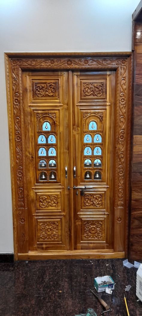 Devudi Mandiram Door Designs, Pooja Room Wood Door Design, Wooden Pooja Door Design, Pooja Room Door Design Wood Carving, Pooja Unit Door Design, Puja Room Door Design, Stylish Door Design, Mandir Door, Temple Doors