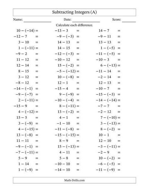 The Subtracting Mixed Integers from -15 to 15 (75 Questions) (A) Math Worksheet Integers 7th Grade Math, Subtracting Integers Worksheet, Negative Numbers Worksheet, Positive And Negative Numbers, 7th Grade Math Worksheets, Math Integers, Math Signs, Free Math Printables, Mental Maths Worksheets