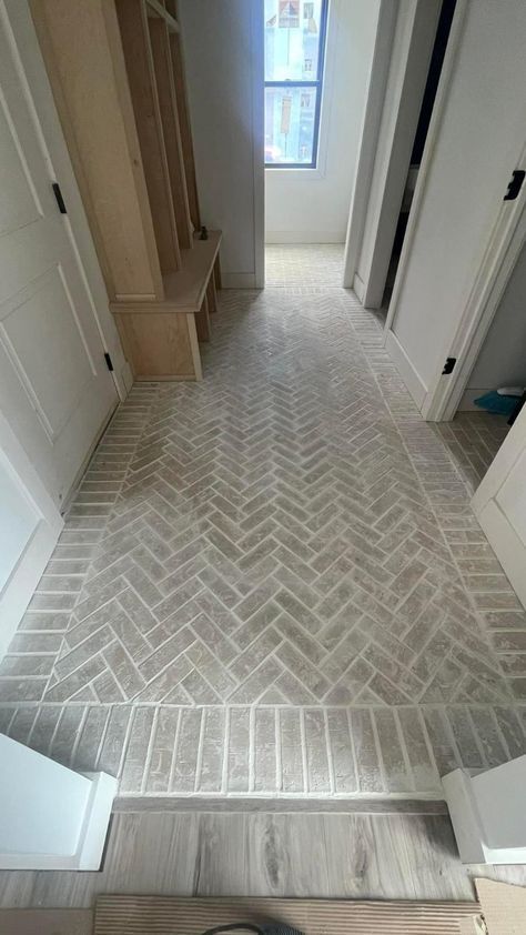 Tiles Entryway Floor, Mudroom Ideas Entryway Tile, Herringbone Tile Foyer, Herringbone Brick Floor Entryway, Foyer Floors Ideas Entryway, Tiled Hallway Ideas, Tile Porch Ideas, Tiled Foyer Entryway, Herringbone Tile Entryway