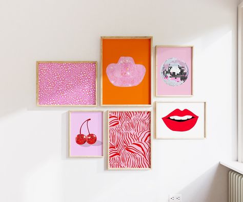 Pink and Orange Preppy Gallery Wall Set Set of 6 Art Prints - Etsy Pink And Orange Gallery Wall, Pink And Orange Themed Room, Pink And Orange Aesthetic Bedroom, Pink And Orange Wall Prints, Pink Orange Office, Pink And Orange Design, Orange And Pink Bedroom Ideas, Pink And Orange Office, Pink And Orange Bedroom Aesthetic