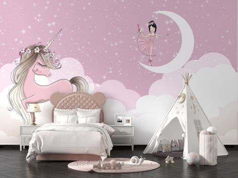 Unicorn and Ballerina Kids Wallpaper, European Style, Forest Woods Wall Mural, Peel And Stick Pastel Color Unicorn Removable Wallpaper. Walls decorated with fun and creative patterns for children contribute to the development of their imaginations. If you have any special requests( specific wall dimensions, colors etc.) or if you want to add name whom you love one to the pattern please contact with me. ⭐INK * Water based HP Latex inks. * UV Rays Resistant ⭐NON-WOVEN WALLPAPER *Anti-Moisture *GLO Unicorn Mural, Unicorn Kids Room, Unicorn Wall Mural, Baby Room Wall Decals, Wallpaper Unicorn, Wallpaper Walls, Unicorn Wall Decor, Unicorn Wall Decal, Lotus Wallpaper