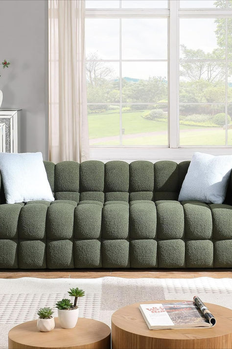 86" Cloud Couch Boucle Sofa 3 Seater Couch with Solid Wood Frame Sofa & 2 Throw Pillow, Mid Century Modern Plush Couch, Cloud Sofa for Living Room, Office, Bedroom 3 Seater Couch, Cloud Couch, Couch, Sofa, Living Room, Green