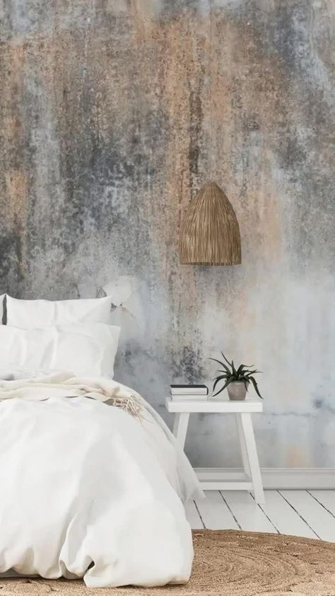 Want to create an industrial home? Take a look at these industrial bedroom décor ideas, complete with concrete texture wallpaper. This rustic bedroom décor is a beautiful mix of industrial design and boho textures, perfect for a cosy yet modern master bedroom! Shop the collection at Wallsauce.com! Wall Texture Design Bedrooms, Wallpaper Bookcase, Patina Wall, Boutique Interiors, Industrial Decor Bedroom, Colorful Walls, Concrete Wall Texture, Concrete Wallpaper, Neutral Furniture