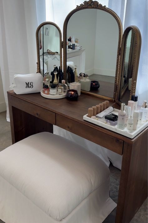 Runway Modern 2-Drawer Acacia Wood … curated on LTK Bedroom Makeup Vanity Ideas, Brown Vanity Makeup, Vanity Against Window, Black Vanity Aesthetic, Organic Modern Makeup Table, Wood Dressing Table Design, Brown Vanity Bedroom, Wooden Vanity Bedroom, Wood Vanity Bedroom