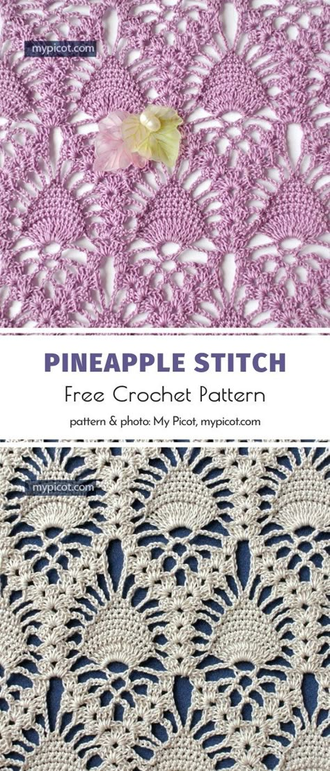 We are all already used to MyPicot's spectacular stitches and step-by-step tutorials, aren't we? If you have never visited this brilliant designer's website, you know what to do. This intricate version of pineapple stitch will be amazing for shawls, tablecloths, and all the other kinds of elegant lacy designs.  #freecrochetpattern #crochetstitch #pineapplestitch Crochet Disney Stitch, Free Vintage Crochet Patterns, Crochet Filet Pattern Free, Asian Crochet, Vintage Crochet Patterns Free, Advanced Crochet Patterns, Crochet Lace Stitches, Crochet Fan Stitch, Lacy Crochet Stitches