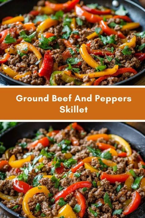 Ground Beef And Peppers Skillet Dinner Ideas Bell Peppers, Ground Beef With Peppers Recipes, Ground Beef Recipes With Peppers, Ground Beef And Sweet Peppers, Ground Beef Bell Pepper Onion Recipes, Bell Pepper And Beef Recipes, Beef Peppers And Rice, Dishes With Bell Peppers, Ground Sausage Peppers And Onions