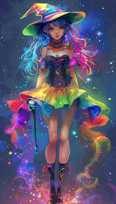 Anime Style Rainbow Galaxy Witch with Elf Ears Rainbow Witch Aesthetic, Rainbow Witch, Celtic Goddess, Elf Ears, Witch Aesthetic, Witchy Vibes, Face Off, Witch Art, Pride Flags