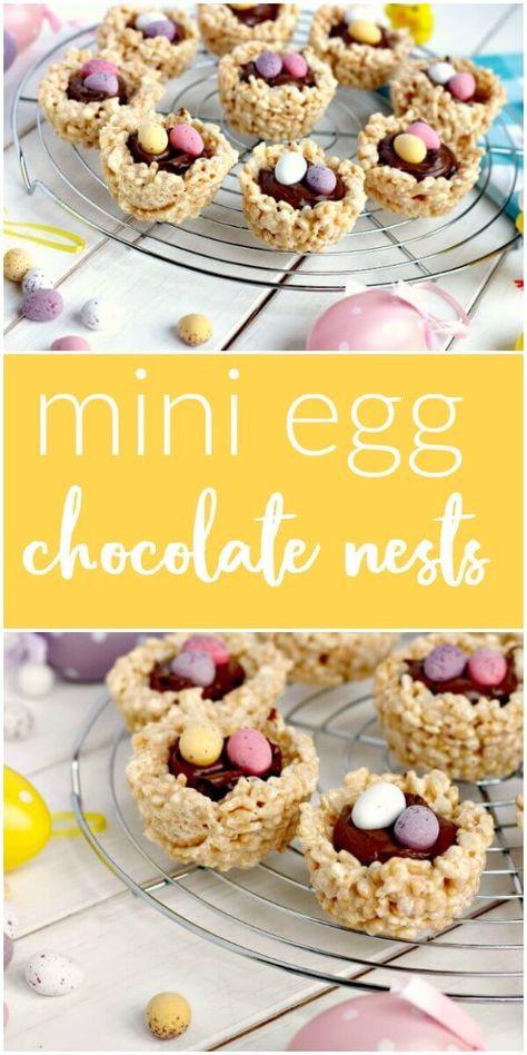 Mini Egg Marshmallow Krispie Nests for the perfect Easter treat #Easter #Chocolate #minieggs Easter Dessert Mini Eggs Bird Nests, Rice Krispie Nests For Easter, Marshmallow Easter Treats, Egg Nests Easter, Rice Krispie Easter Nests, Easter Rice Crispy Treats Ideas, Mini Egg Nests, Easter Chocolate Nests, Baked Easter Ham