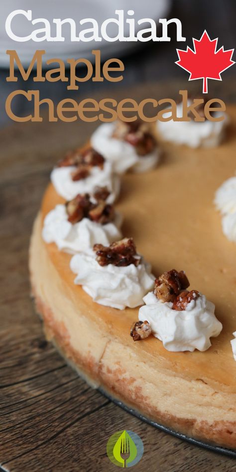 Made with Canadian whisky this cheesecake is layered with real maple flavour. Perfect for fall entertaining. Thanksgiving recipe. Desserts Maple Caramel Cheesecake, Pumpkin Maple Cheesecake, Maple Bourbon Cheesecake, Maple Cheesecake Recipe, Desserts Made With Maple Syrup, Maple Glazed Pecans, Maple Dessert Recipes, Bourbon Cheesecake, Maple Cheesecake