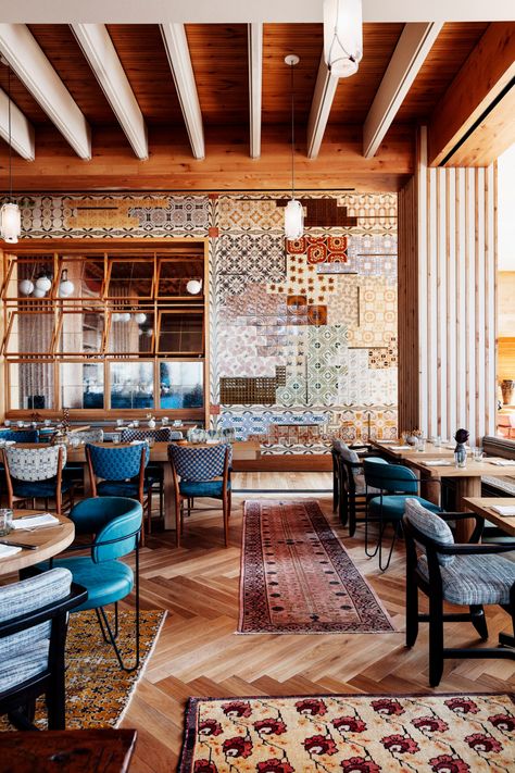 Proper Hotel, Mismatched Furniture, Mediterranean Interior Design, Austin Hotels, Mediterranean Interior, Camille Styles, Modern Restaurant, Healthy Ingredients, Bar Design Restaurant