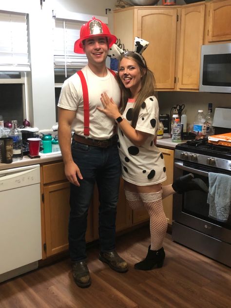 Couples Costumes Firefighter, Fireman Costume Mens, Firefighter Costume Man, Fire Fighter And Dalmation Costume, Firefighter And Dalmatian Costume Couple, Dalmation Halloween Costume, Couple Halloween Costumes Relationship Goals, Dalmation Costume, Firefighter Halloween