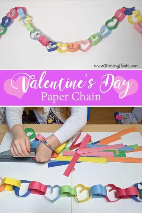 Valentines Day Paper Chain, Paper Chain Valentines, Paper Links Chain, Heart Chain Paper, Heart Paper Chain, Diy Valentine's Gifts For Kids, Chain Of Hearts, Funky Fingers, Heart Suncatcher