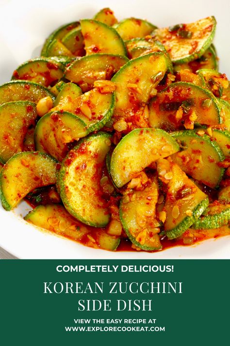 You won't believe how delicious this Korean Zucchini Side Dish is!  Spicy and yummy awesome banchan to accompany your next Korean meal!  #banchan #zucchini #koreansidedish #koreanzucchini Korean Squash Side Dish, Asian Zucchini Salad, Zucchini Kimchi Recipe, Korean Zucchini Recipes, Korean Squash Recipes, Asian Zucchini Side Dish, Gochujang Zucchini, Korean Zucchini Side Dishes, Kimchi Zucchini