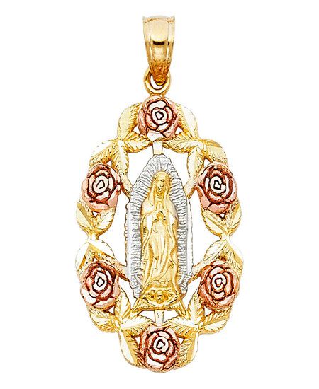 14k Yellow White Rose Gold Virgin Mary Flower Diamond Cut Pendant Charm Portrait by RG&D Gold Pendant Jewelry, Our Lady Of Guadalupe, Lady Of Guadalupe, Rose Pendant, Small Charms, White Rose Gold, Our Lady, Jewelry Pouch, Tri Color