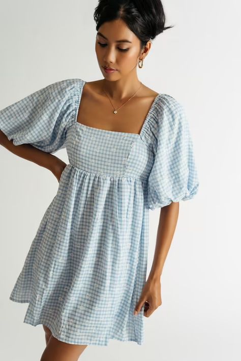 Blue Gingham Backless Dress - Puff Sleeve Babydoll Dress Baby Doll Dresses, Blue Spring Dresses, Puff Sleeve Babydoll Dress, Blue Dresses For Women, Mini Babydoll Dress, Adorable Dresses, Blue Gingham Dress, Babydoll Dresses, Light Blue Prom Dress