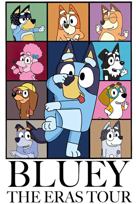 The "Bluey - The Eras Tour" poster design showcases a delightful collage featuring the beloved characters from the popular animated series, Bluey. This vibrant and playful design captures the charm and variety of the show's characters, each representing different aspects and eras of Bluey's adventures. Disney Eras Tour, Bluey Profile Photo, Bluey Cartoon Poster, Bluey The Eras Tour, Bluey Cartoon Characters, Matching Bluey Wallpaper, Nice Parking Spot Rita Bluey, Bluey Trunk Or Treat Ideas, Bluey Movie Posters