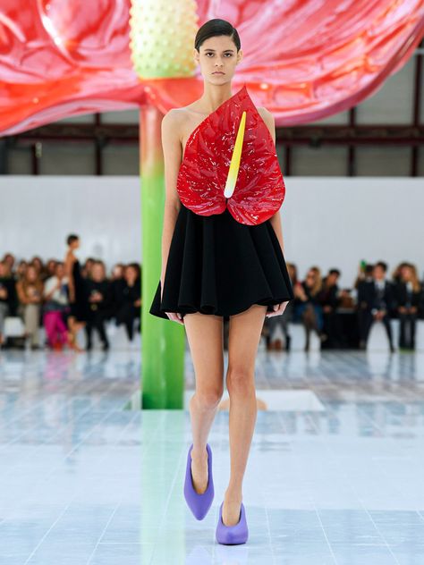 Loewe Fashion Show Catwalk Red Anthurium Loewe Flower, Loewe Runway, Transparent Clothing, Gossip Girl Reboot, Fashion Week 2023, Cute Tights, Black Bustier, Spring Summer 2023, Cycling Fashion