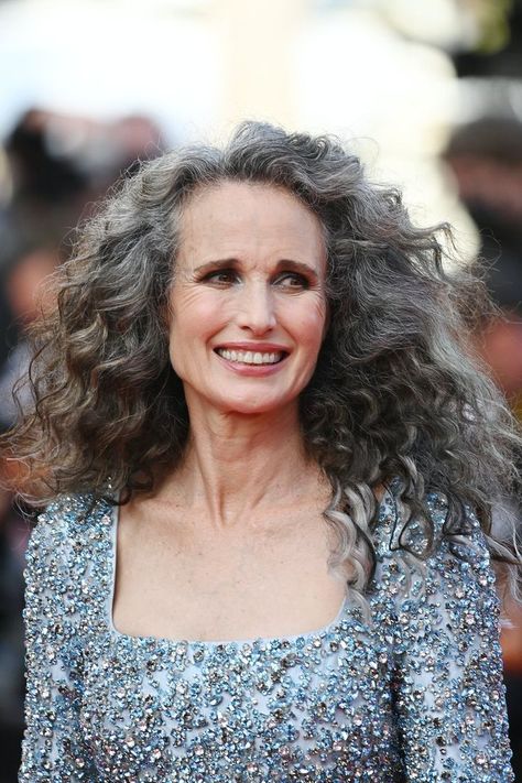 Andie Macdowell Hair, Andie Macdowell, Grey Curly Hair, Grey Hair Inspiration, Natural Gray Hair, Short Grey Hair, Multicolored Hair, Brunette Color, Diane Keaton