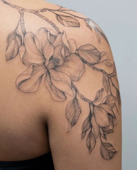 38 Lovely Magnolia Tattoo Ideas to Inspire You in 2023 Back And Shoulder Flower Tattoo, Lion And Magnolia Tattoo, Magnolia Half Sleeve Tattoo, Magnolia Flower Tattoo Shoulder, Peony And Magnolia Tattoo, Chinese Magnolia Tattoo, Fineline Magnolia Tattoo, Magnolia Tattoo Back, Magnolia Arm Tattoo