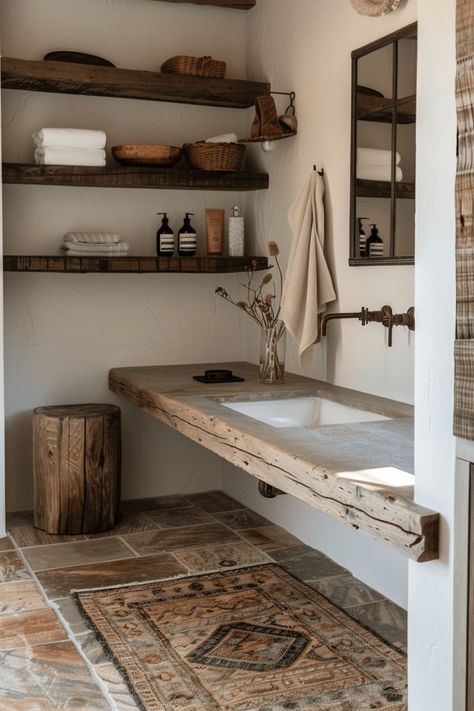 45+ Creative Farmhouse Bathroom Ideas for a Timeless Look Minimal Farmhouse Interior, Galvanized Steel Bathroom, Farmhouse Aesthetic Bathroom, Rustic Farm Bathroom, Big Bathroom Sink, Guest Bathroom Ideas Farmhouse, Farmhouse Walk In Shower Ideas, Country Rustic Bathroom Ideas, Rustic Washroom