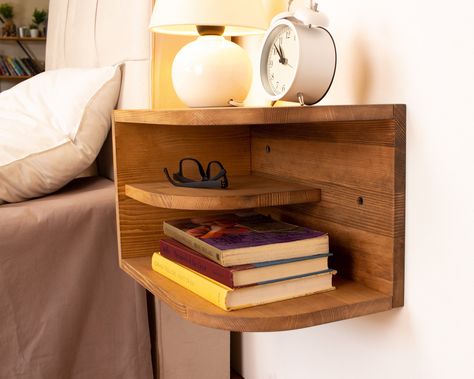 Floating Bedside Table Diy, Bedside Wall Shelf, Mounted Bedside Table, Bedside Shelving, Cowhide Rug Living Room, Nightstand Shelf, Side Bed Table, Floating Side Table, Modern Floating Nightstand