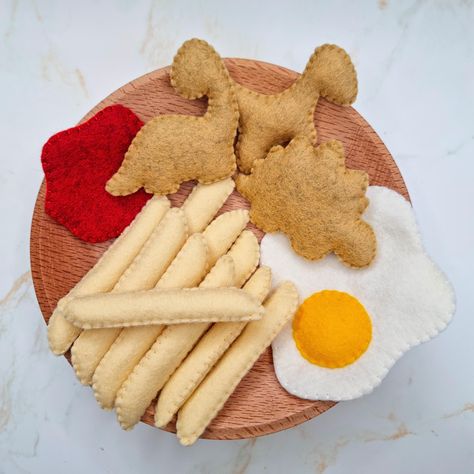 Felt Fast Food Playset PDF Sewing Pattern - dinosaur chicken nuggets, French fries, sauce, fried egg, easy and beginner friendly templates Making Felt Play Food, How To Make Felt Food, Diy Felt Food Patterns Free, Food Sewing Patterns, Felt Food Patterns Free Templates, Easy Felt Food, French Fries Sauce, Felt Kids Toys, Felt Playset