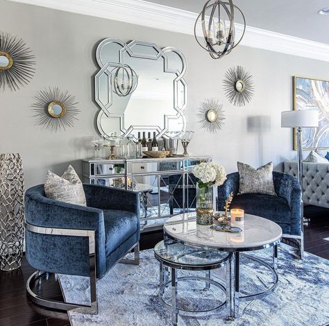 Grayish Blue Living Room Ideas, Silver And Blue Living Room Decor, Grey Blue Silver Living Room, Navy And Silver Living Room, Glam Sitting Room Ideas, Gray White Silver Blue Living Room, Blue Silver Living Room Decor, Living Room Decor Blue And Gray, Blue Black Silver Living Room