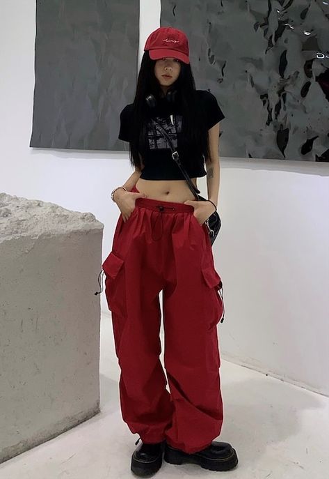 ASOS Marketplace | Buy & sell new, pre-owned & vintage fashion Red And Black Hip Hop Dance Outfits, Red Hip Hop Outfit, Red And Black Dance Outfit, Red And Black Streetwear Outfit, Black And Red Concert Outfits, Douyin Outfits Summer, Red Joggers Outfit, Red Cargo Pants Outfit, Hip Hop Outfits Dancers