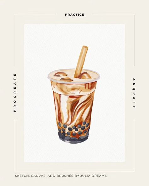 Step by Step Tutorial - Bubble Tea from @julia_dreams.co. Visit her profile for the sketch, color palette and PDF guide. _ A great day for some boba #procreatebrushes #procreate #digitalwatercolor #ipad #dailydrawing #illustrator #procreatedrawing #watercolorsketch #ipaddrawing #watercolor #drawingoftheday #digitalart #procreateart #artoftheday Boba Tea Watercolor, Bubble Tea Color Palette, Boba Watercolor, Boba Illustrations, Boba Tea Illustration, Boba Painting, Bubble Tea Illustration, Boba Drawing, Procreate Classes